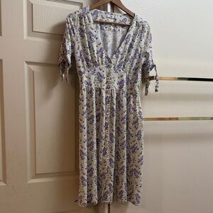 Mango Cream Midi Dress with Purple Floral Print